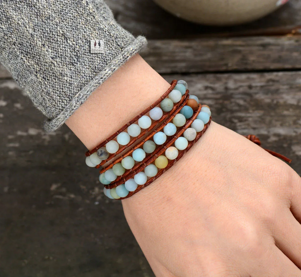 Vintage Leather Bracelets 6MM Matte Amazonite 3 Strands Woven Wrap Bracelet Handmade Multilayer Beads Jewelry Dropship