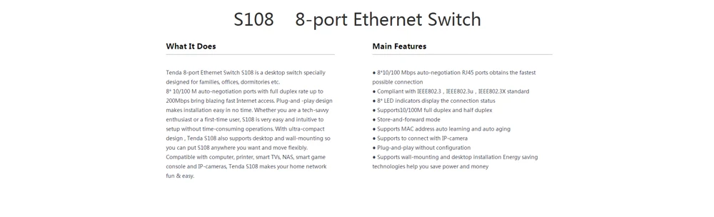 Tenda S108 8-Порты и разъёмы Настольный Ethernet-коммутатор, 10/100 Мбит/с автосогласования RJ45 Порты, auto MDI/MDIX