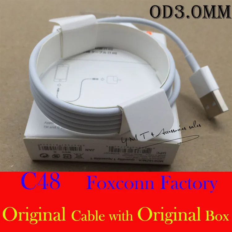  100Set Genuine Original Foxconn Factory C48 Chip OD 3.0mm Data USB Cable For iPhone SE 5S 6 6s plus for ipad with retail box YMT 
