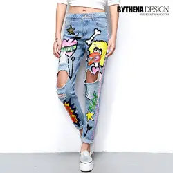 2019 Весна и лето живопись граффити хип-хоп стиль пайетки джинсы с большими дырами женские рваные джинсы для женщин джинсовые брюки 1545