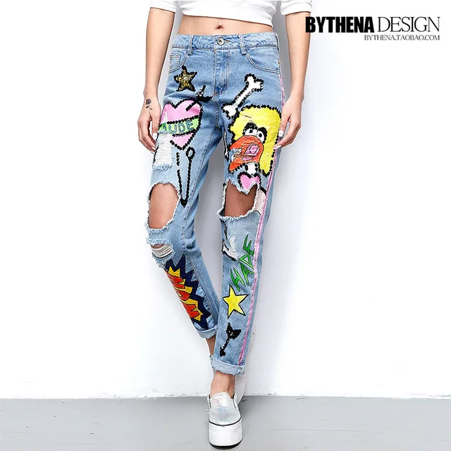 Buy 2016 Spring and Summer Painting Graffiti Hip hop Style Sequins Big Hole