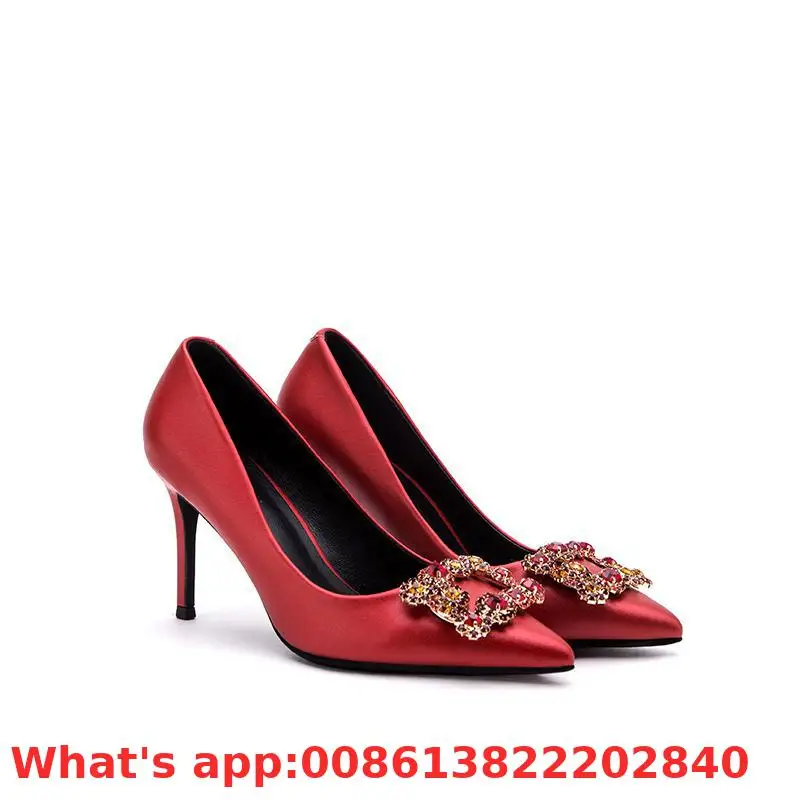 

Spring/summer 2019 New Water Diamond Tip Stiletto High Heel Single Shoes Sexy Satin Red Square Buckle Wedding Shoes For Women
