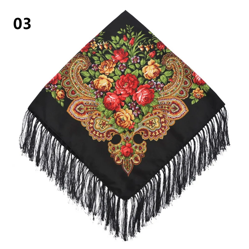 15 цветов квадратный шарф для женщин большой цветочный принт женские шарфы с длинной бахромой шаль шарф для женщин Бандана Хиджаб обёрточная бумага - Цвет: Black