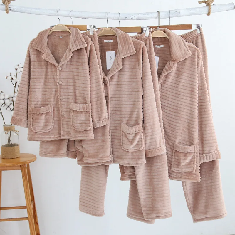 

JINUO Women Winter pure color Long Sleeve Tops Pants Pajamas Suit Sleepwear warm thick flannel high quality pyjamas