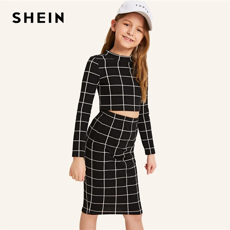 SHEIN/детский черный клетчатый короткий топ с воротником-стойкой и юбка для девочек Повседневный костюм, комплект для детей г. Осенние облегающие костюмы с длинными рукавами