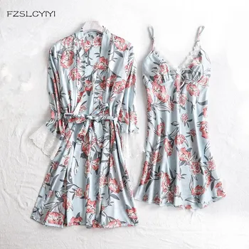 

FZSLCYIYI sexy women's robe & gown sets twinest bathrobe + mini night dress two pieces sleepwear womens sleep set faux silk