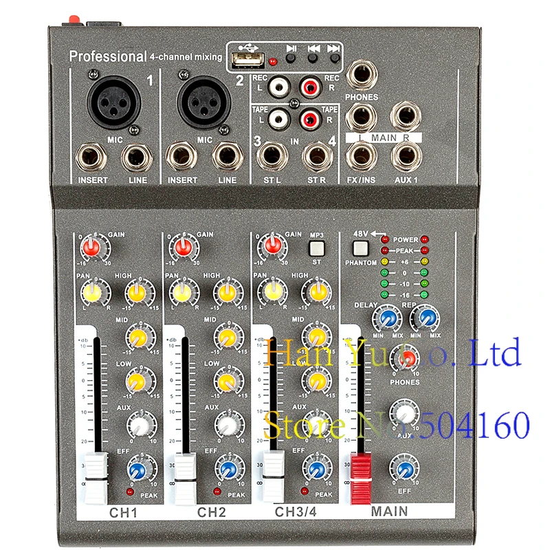 Мини караоке аудио микшер усилитель профессиональный микрофон микшерный звуковой пульт 4 канала с USB 48 В фантомное питание