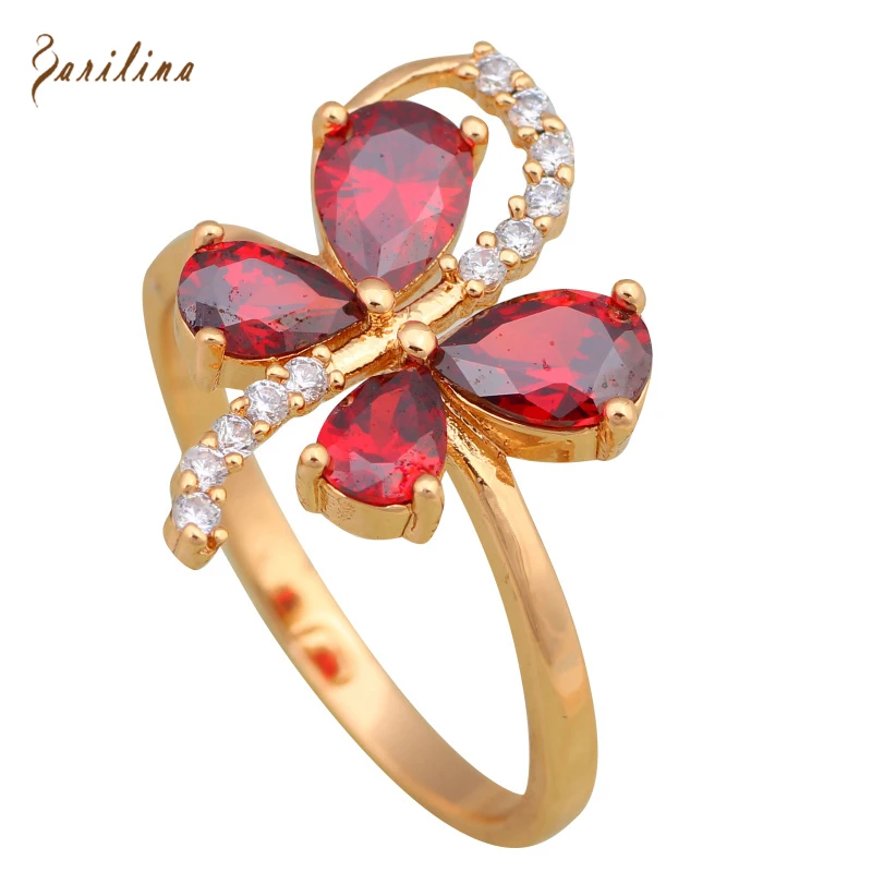 

New Hot jewellery Red topaz Sapphire zirconia diamond rings for girls 18K Yellow Gold garnet Ring size 9 10 R589