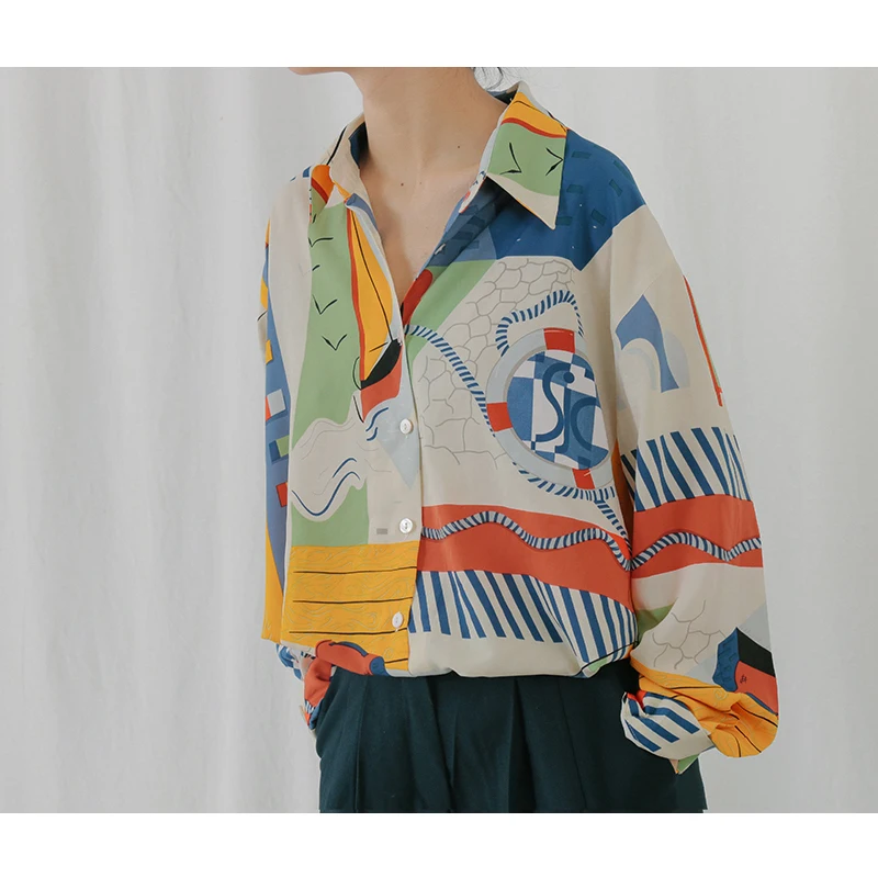 

2019 women vintage blouses Southern France style women tops Retro printed long sleeve Abstract printing clothes ladies tops wome