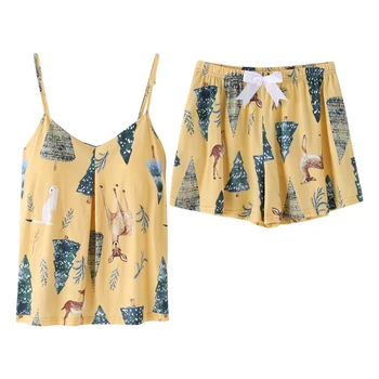 

BZEL New Yellow Cotton Pajamas Set Flora And Animal Cartoon Pattern Pyjamas Summer V-neck Comfortable Big Size Sling Suit M-XXXL