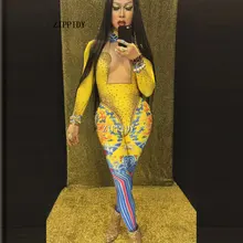 Сексуальный желтый китайский комбинезон со стразами женский певица печать сценическая одежда боди цельный костюм блестящий камни стрейч наряд
