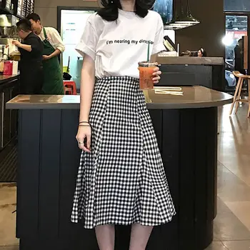 

Women Round Neck Letter Print Short Sleeve T Shirt + Plaid Print Skirt Sweet Two-Piece Set Pullover Top