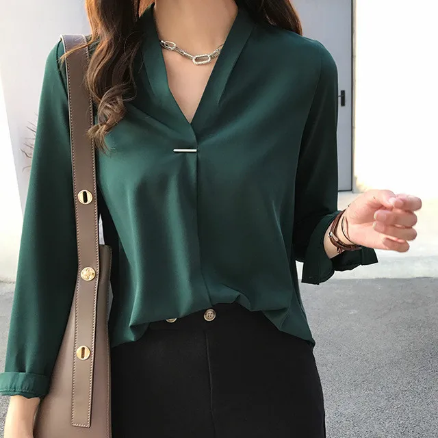 

2019 New Spring Women Chiffon Blouses & Shirt Feminine OL V Neck Long Sleeve Shirt & Tops Solid Casual Loose Shirt Plus Size 4XL