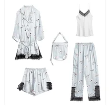 Комплекты платьев, женский халат, летний сексуальный костюм из пяти предметов, шелковые колготки для дома, комплект летней и осенней одежды для сна