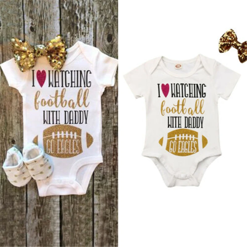 

Summer Infant Newborn Boy Baby Girls Football With Daddy Bodysuit Outfit Hot New Baby Bodysuit Letter Football Printed Bodysuit
