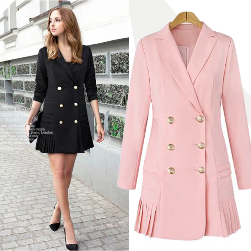 

Fall winter streetwear double breasted long suit women's blazer slim bottom pleated women coat jacket casual outwear plus size