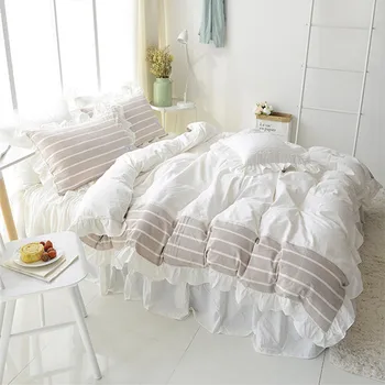 

Free shipping Korean Princess lace washed cotton bedding duvet cover set 3/4pcs twin full queen king size bed skirt set