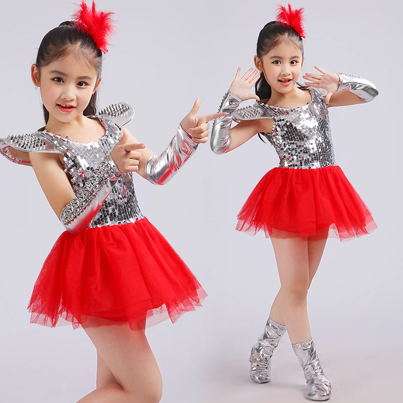 

New Children Jazz Dance Dress Girls Red Sequins Princess Modern Dance Costumes For Kids Halloween Costume Performance Suit