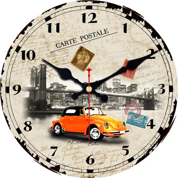 Большие декоративные круглые Настенные часы Парижская башня старый стиль такси автомобиль гостиная Настенный декор Saat модные бесшумные винтажные часы настенные - Цвет: 13261