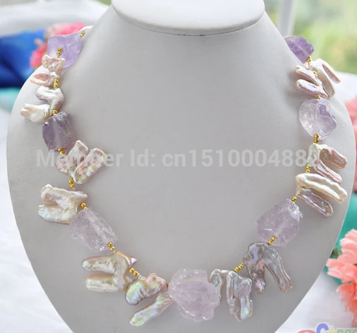 

FREE SHIPPING>>>@ NEW HOT808 28mm pink BAROQUE biwa PEARL original amethyst NECKLACE