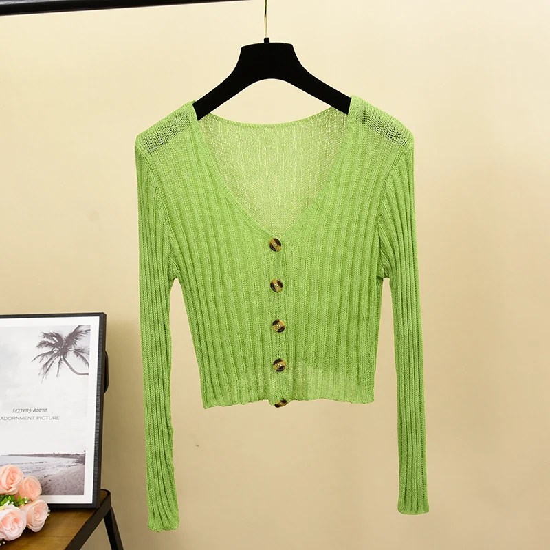 TAOVK летний женский однобортный вязаный кардиган женский с v-образным вырезом и длинным рукавом Повседневный тонкий свитер куртка - Цвет: Green