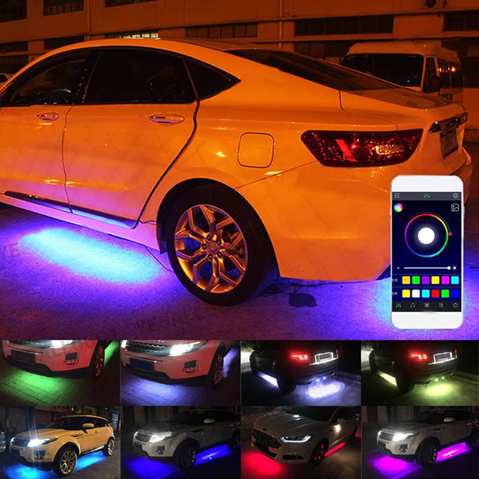 Emitting Color : Flowing 90X4 180X2 Ambient Lights 4PCS 12V IP65 Bluetooth App Control Flowing Color RGB Strip Under Car 90 120cm Tube Underglow Underbody System Neon Light Undercar Glow 