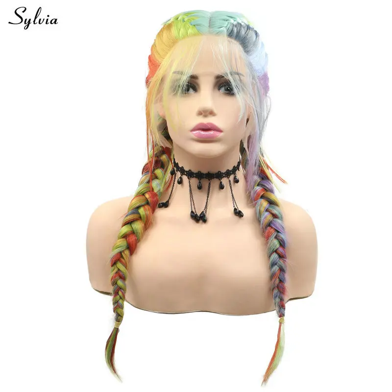 

Sylvia Rainbow Color 2x Twist Braids Lace Front Wig with Baby Hair Red Orange Yellow Green Blue Purple Heat Safe Synthetic Hair