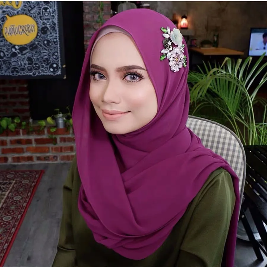 

Water drill hand nail bead Women Scarf Chiffon Flower Embroidery Shawl Scarf Hijab Wrap Headband Ladies Muslim Hijabs Scarf