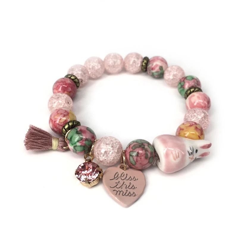 Розовые керамические браслеты с бусинами из натурального камня для женщин Love Heart Cat Tassel очаровательные регулируемые браслеты и браслеты Femme ювелирные изделия