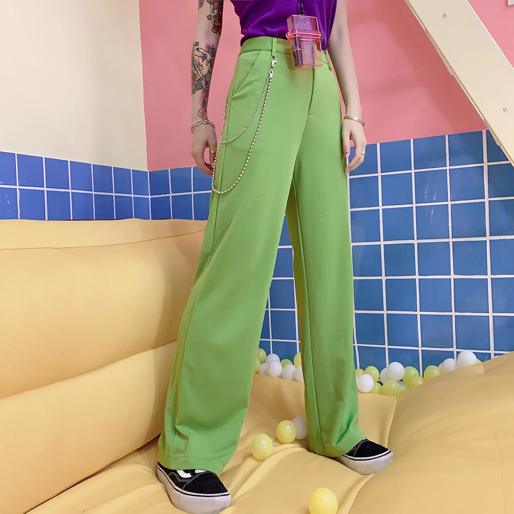 

Harajuku cool girl Avocado Green Chain pants chain bouncing hip-hop pantsl trousers
