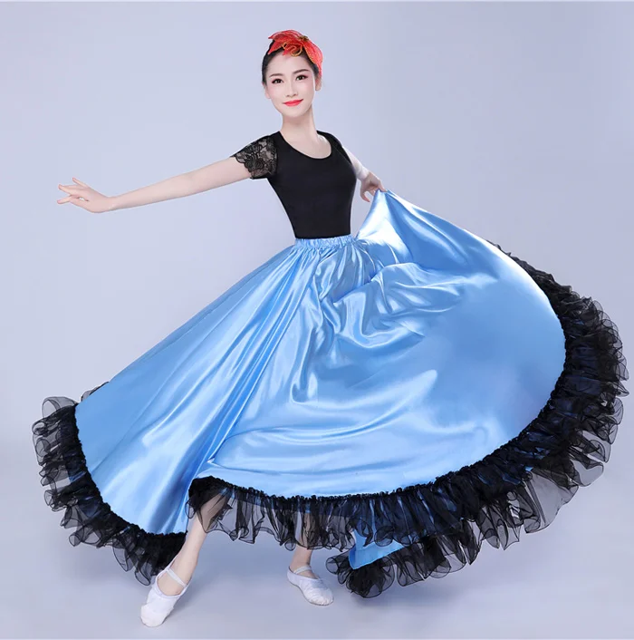 Танцевальная юбка для фламенко, золотой испанский танцевальный костюм для выступлений, женское платье для фламенко, 360-720 градусов размера плюс