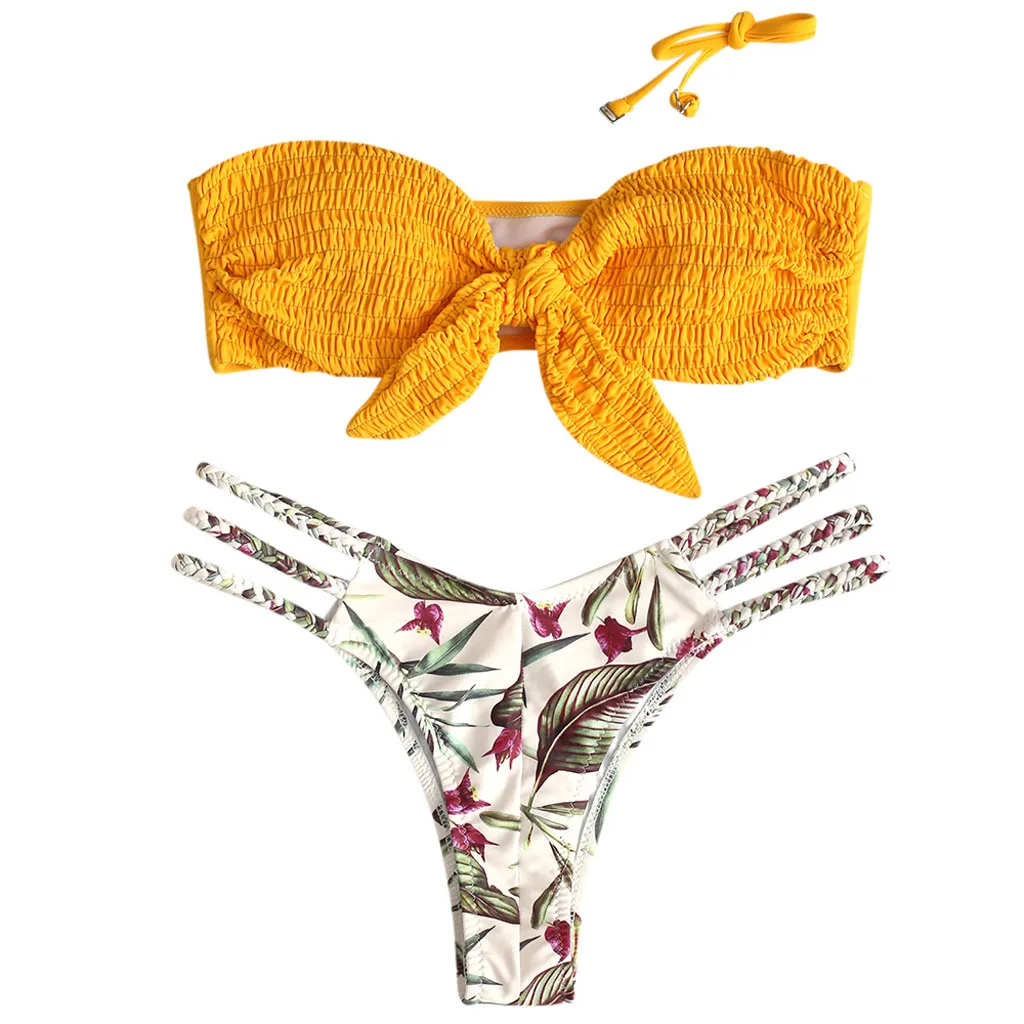 

Women Yellow Print Tube up Two Pieces Sexy Bikini Push-Up Fold Swimsuit High Waist Bandage Sling Swimwear Casual Beachwear