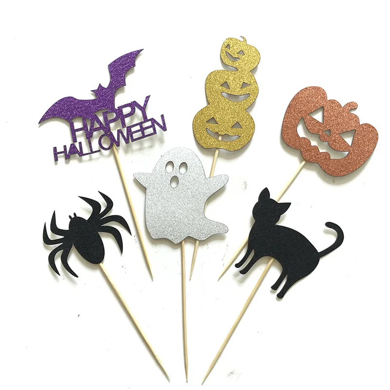 

6PCS Halloween Horror Cupcake Toppers Pumpkin Ghost Bat Cat Spider Cake Inserted Card for Birthday Party Kids Cake Decoration