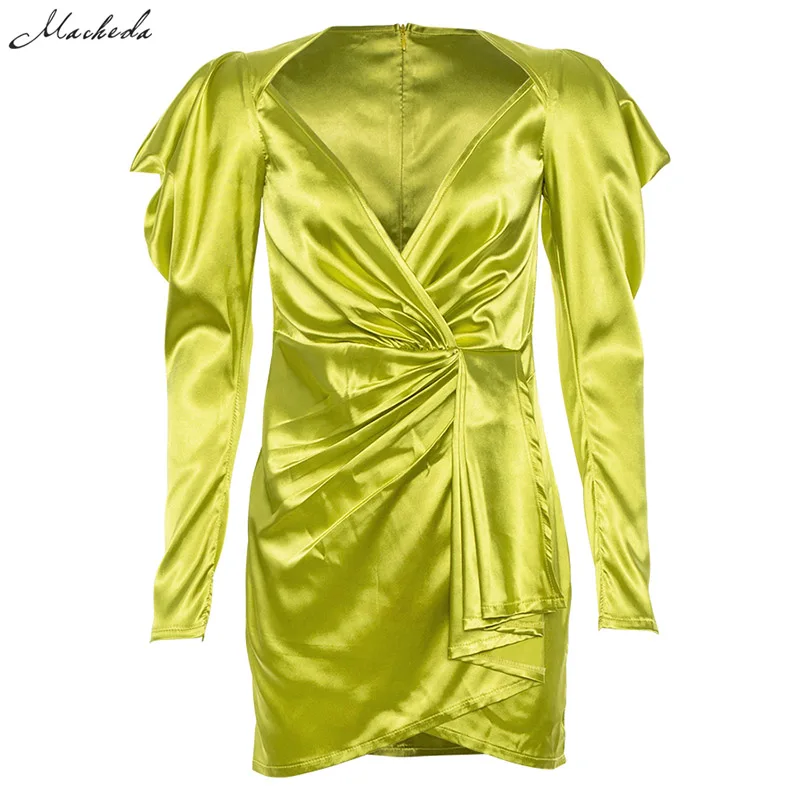 Macheda Новое летнее женское облегающее яркое платье мини с длинным пушистым рукавом с глубоким V-образным декольте на молнии сзади с поясом - Цвет: Зеленый