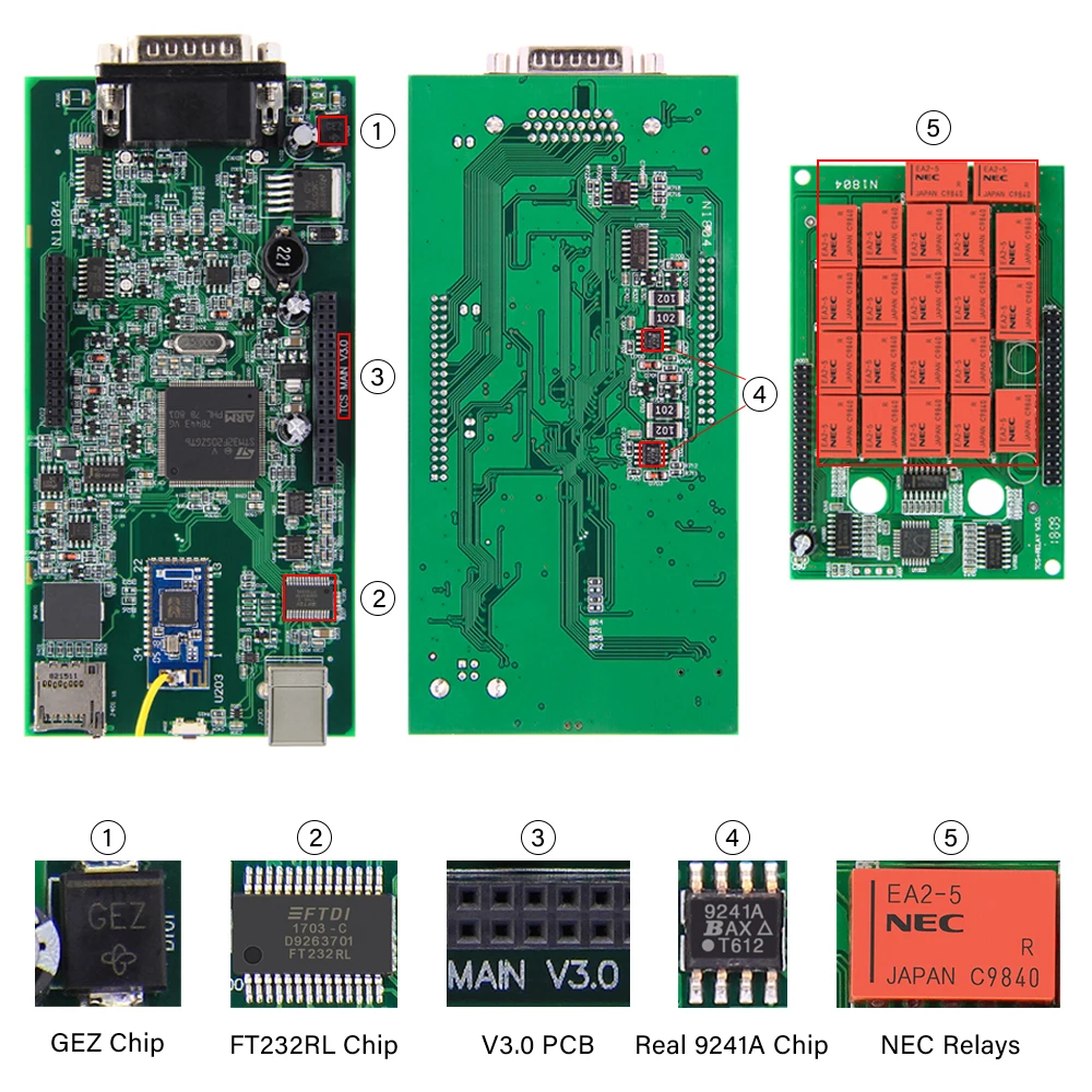 2017 3 TCS Pro Multidiag с V3.0 PCB + реле NEC реальный 9241A Bluetooth OBD OBD2 автомобильные грузовики