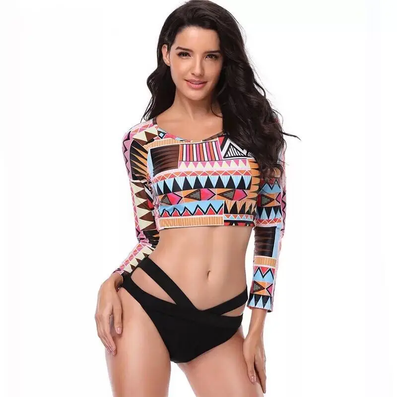 

ZHUOHE 2019 Long Sleeve Rash Guard Plus Size Fun Tropical Print Swimsuit Swimwear Bathing Suit Swimming Suit Sexy Women Girls