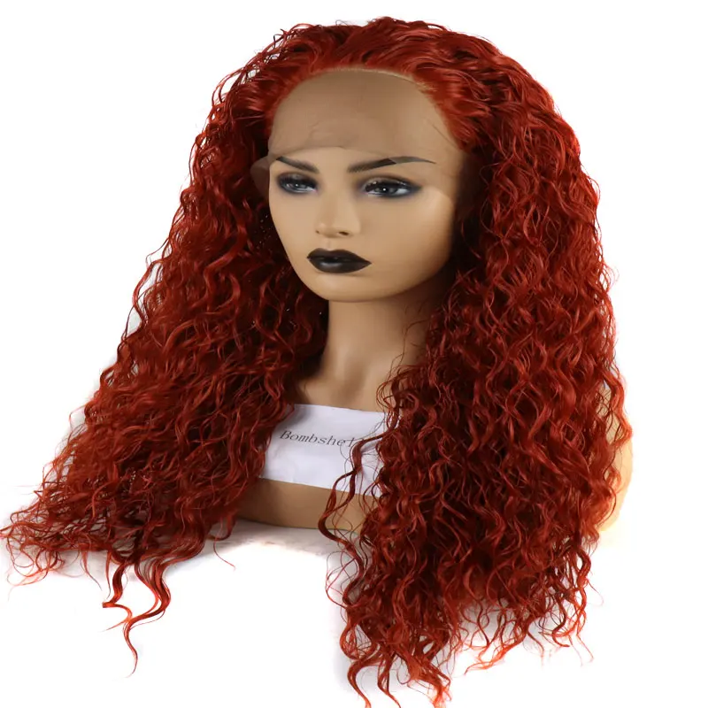 

Bombshell Orange Red Bouncy Curly Hand Tied Synthetic Lace Front Wigs Glueless Heat Resistant Fiber For African American Women