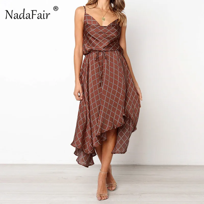 

Nadafair strap backless sexy plaid dress women elastic waist sleeveless midi summer dress female v neck party dress elegant 2019