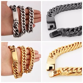 

15mm Wide Double Curb Cuban Link Chain Men's Bracelet Or Necklace Jewelry Silver Or Gold Color Stainless Steel Chain 7-40 Inches