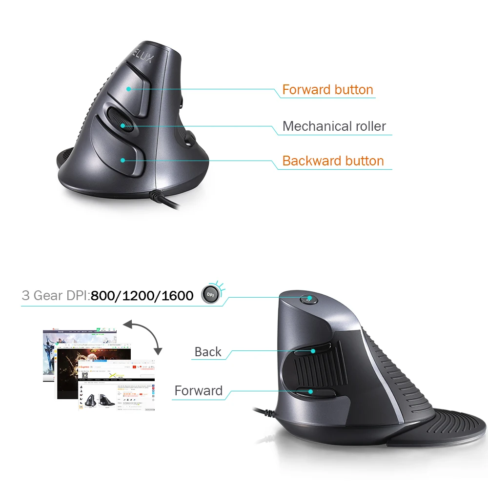 Delux M618 Optical Vertical Wired Mouse 6 Buttons 1600 DPI Ergonomic Right Hand Mice with Rubber Protective Shell For PC