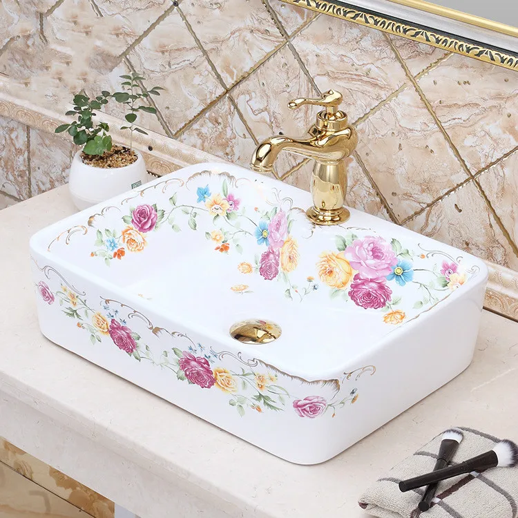 

European Luxury Rectangular Art Basin Colorful Ceramic Basin Painted counter top Basin bathroom sinks