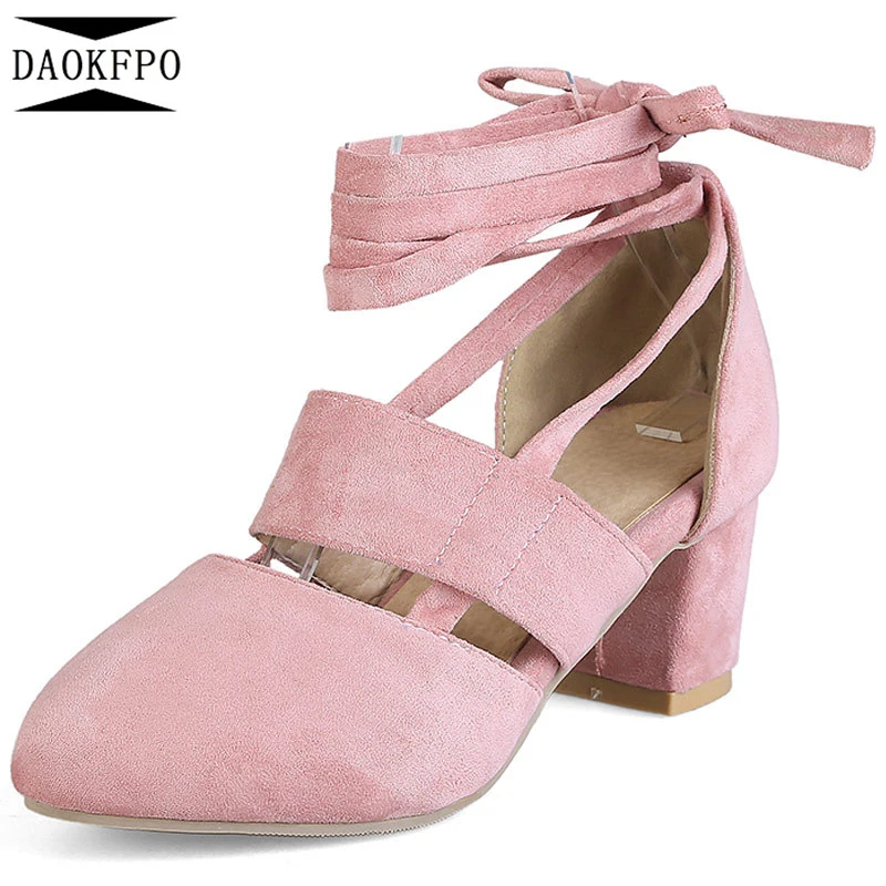 

DAOKFPO 2018 Summer Women Fashion High Heel Shoes Flock Lace-up Footwear Women Pumps Female Sandals Party Wedding Shoes NVB-46