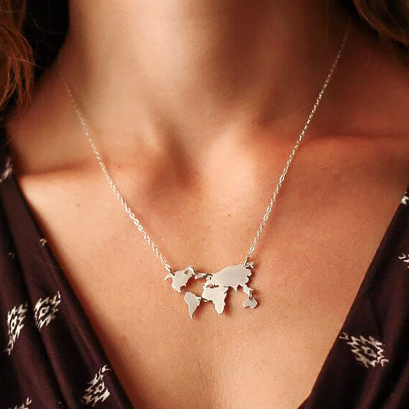 

CUTEECO Fashion Jewelry Gold Silver Black World Necklace Earth Day Gift World Map Pendant Necklace Earth Map Wanderlust Necklace