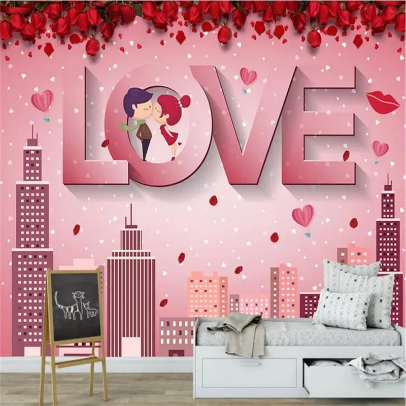 

Custom wallpaper fashion pink 3D rose city bedroom wall decoration waterproof material
