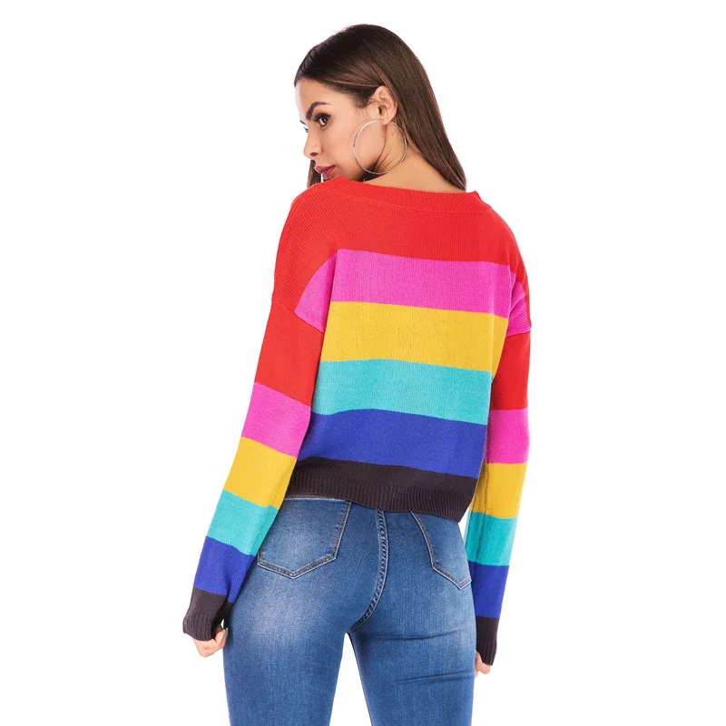 Rainbow Stripes Pullovers Women Sweater Jumper Knitwear 2019 Fashion Loose Sexy O Neck Female Sweaters Colorful Pull Clothing