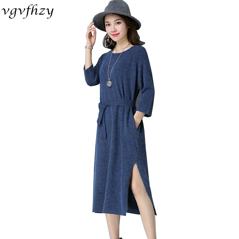 Winter Women Knitted Dresses 2017 Korea Pure Color Long Sleeve O neck Casual Slim Warm Maxi