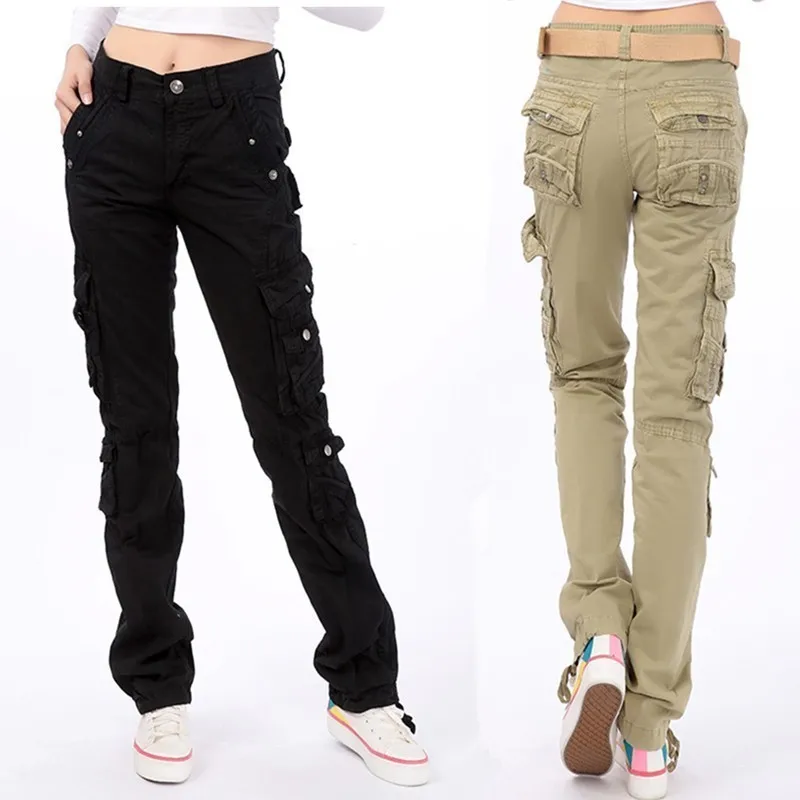 delincuencia Mentalmente diseño Monos de algodón puro con múltiples bolsillos para mujer, pantalones Cargo  rectos para mujer, pantalones holgados militares sueltos de talla grande  para deportes al aire libre - AliExpress