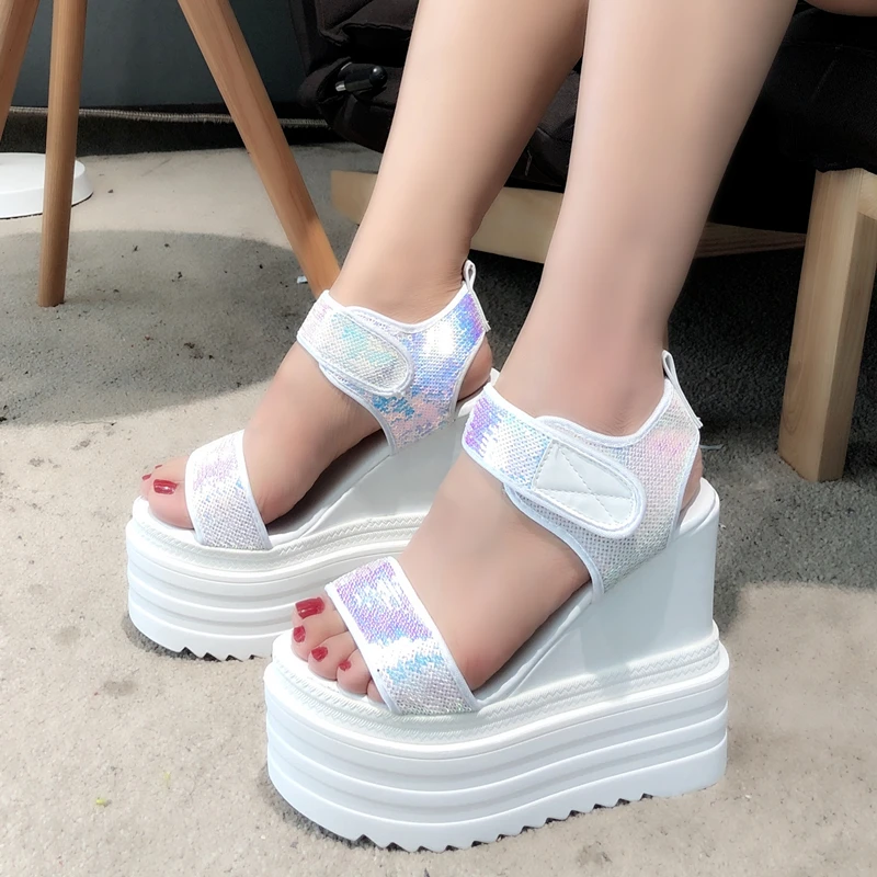 

Women Sandals 2019 Summer Ladies Mesh Platform Sandals 14CM Wedges Thick Bottom Casual Women Sneakers Comfortable White Sandals