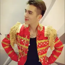 Мужчины кисточкой костюмы конструкции masculino Homme TERNO этап певцов мужчины блесток Блейзер Танцы одежда куртка звезда стильное платье в стиле панк красный