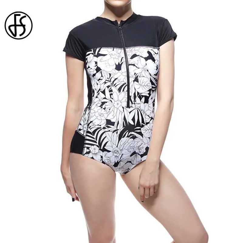 FS One Piece Swimsuit Short Sleeves Rash Guard Surf Wear Women Plus